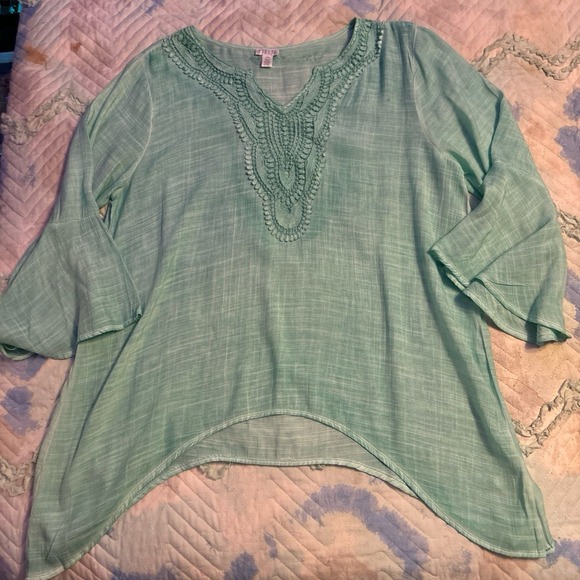 Spense Light Green Embroidered Neckline Sharkbite Hem Boho Tunic Blouse, Large - Picture 1 of 6
